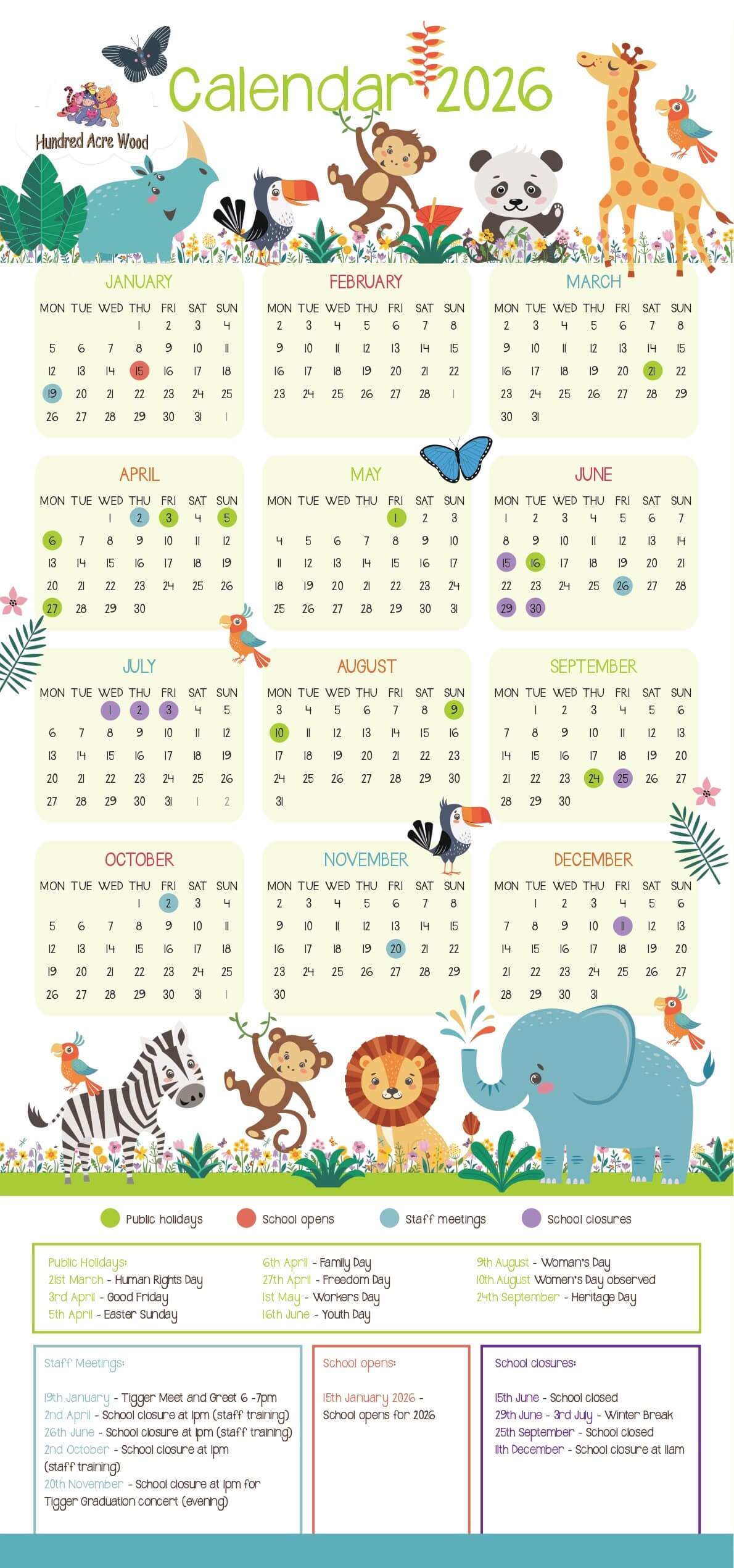 Hundred Acre Wood ECD Centre Calendar